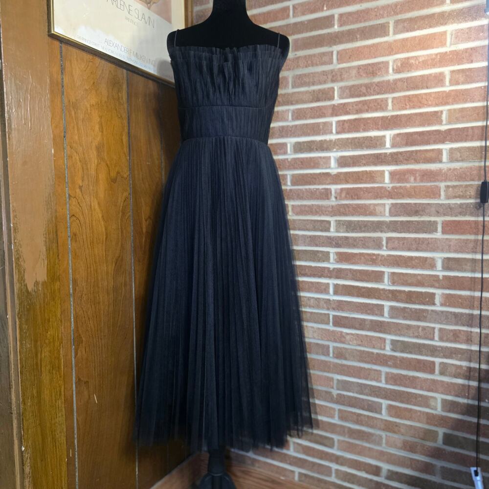 ML Monique Lhuillier Black Pleated Tulle A-Line Midi Dress